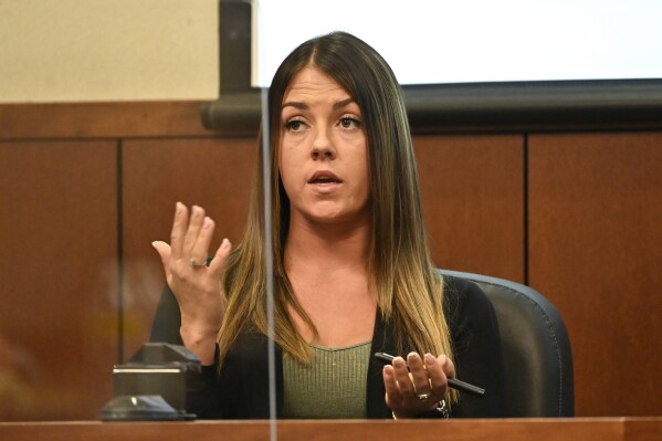 FILE - Chelsey Napper, the neighbor of Breonna Taylor, testifies during the trial of former Louisville police officer Brett Hankison, March 1, 2022, in Louisville, Ky. Breonna Taylor’s neighbor recalled her horror as police bullets flew into her apartment near her sleeping son as a federal trial for Hankison, the former Louisville officer who fired those shots, began on Thursday, Nov. 2, 2023. (AP Photo/Timothy D. Easley, Pool, File)