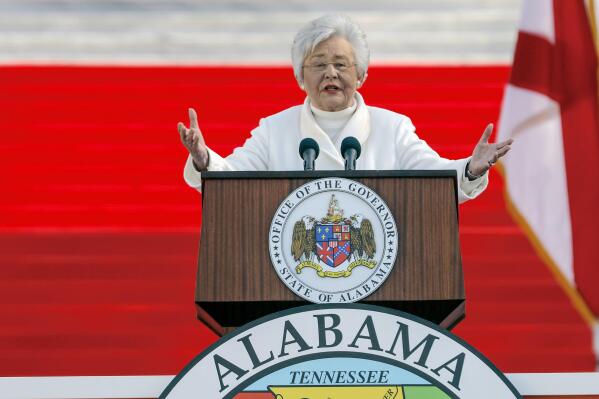 Alabama Gov. Kay Ivey speaks during a ceremony on the steps of the Alabama State Capital Monday, Jan. 16, 2023 in Montgomery, Ala.. Gov. Ivey has been sworn in for her second full term as governor. Ivey had been lieutenant governor but automatically became governor in 2017 when then-Gov. Robert Bentley abruptly resigned amid an impeachment probe. (AP Photo/Butch Dill)