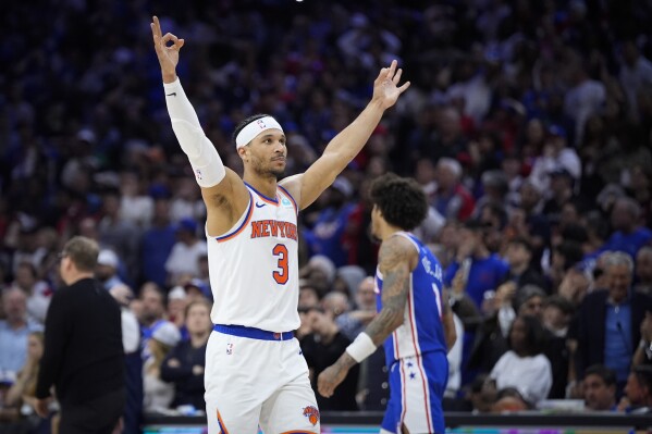 New York Knicks' Josh Hart reacts during the second half of Game 6 in an NBA basketball first-round playoff series against the Philadelphia 76ers, Thursday, May 2, 2024, in Philadelphia. (AP Photo/Matt Slocum)