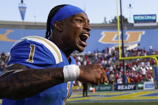 UCLA quarterback Dorian Thompson-Robinson (1) reacts after a 42-32 win over Utah in an NCAA college football game in Pasadena, Calif., Saturday, Oct. 8, 2022. (AP Photo/Ashley Landis)