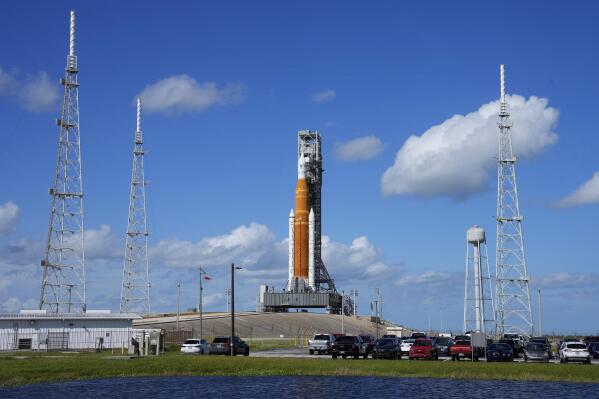 NASA's new moon rocket sits on Launch Pad 39-B Friday, Nov. 11, 2022, in Cape Canaveral, Fla. (AP Photo/Chris O'Meara)