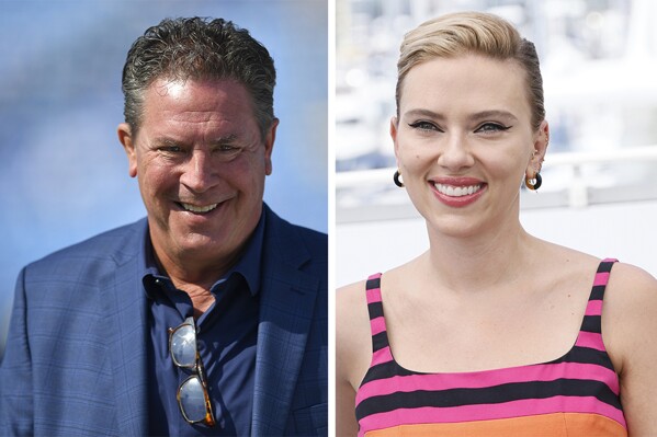 This combo photo shows NFL legend Dan Marino, left, and actress Scarlett Johansson, right. Johansson and Marino will star in the Super Bowl commercial that will focus on M&Ms candy being the comfort fun food while watching the big game. (APPhoto, File)