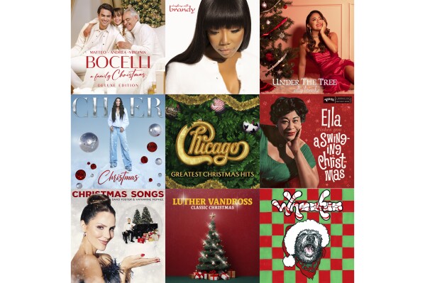 This combination of photos show album art for “A Family Christmas” by Andrea Bocelli with Matteo and Virginia Bocelli, top row from left, “Christmas with Brandy” by Brandy, “Under the Tree” by Ally Brooke, second row from left, "Christmas" by Cher, “Chicago Greatest Christmas Hits," “Ella Wishes You A Swinging Christmas” by Ella Fitzgerald, bottom row from left, “Christmas Songs” by David Foster and Katherine McPhee, “Luther Vandross Classic Christmas" and “Just A Dirtbag Christmas” by Wheatus. (Decca-Capitol-UMG/Motown/Snafu Records/Warner/Rhino-Warner/UMG/Loma Vista-Concord/Vandross Music LLC and Primary Wave Music/Sony via AP)