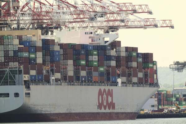 A container ship is moored at the port of the port of New York & New Jersey in Elizabeth, N.J., Monday May 12, 2025. (AP Photo/Matt Rourke)