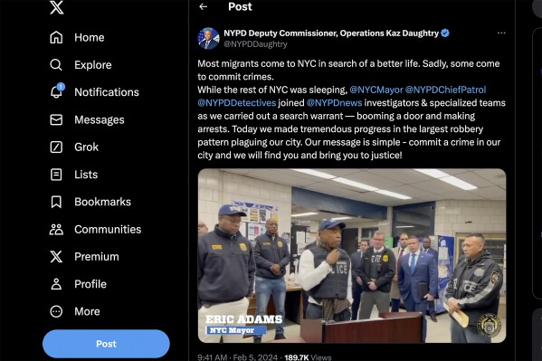 This screen grab from X, formerly known as Twitter, shows a social media post by NYPD Deputy Commissioner Kaz Daughtry on Monday, Feb. 5, 2024, in New York. The New York Police Department has been taking a more active role in trying to influence public policy through slick online videos and social media posts. (X via AP)