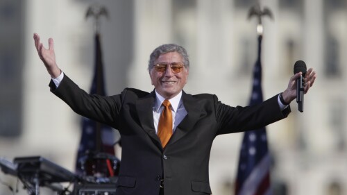 FILE - Singer Tony Bennett reacts to the crowd during his performance at comedians Jon Stewart's and Stephen Colbert's Rally to Restore Sanity and/or Fear on the National Mall in Washington, Saturday, Oct. 30, 2010. Bennett, the eminent and timeless stylist whose devotion to classic American songs and knack for creating new standards such as 