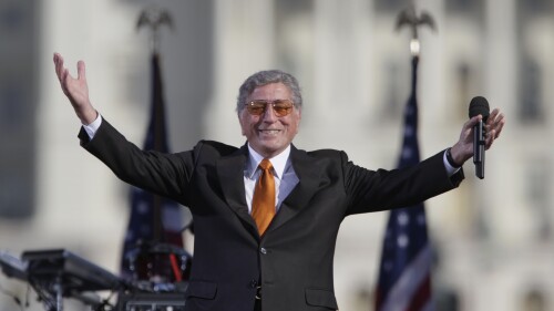 FILE - Singer Tony Bennett reacts to the crowd during his performance at comedians Jon Stewart's and Stephen Colbert's Rally to Restore Sanity and/or Fear on the National Mall in Washington, Saturday, Oct. 30, 2010. Bennett, the eminent and timeless stylist whose devotion to classic American songs and knack for creating new standards such as "I Left My Heart In San Francisco" graced a decadeslong career that brought him admirers from Frank Sinatra to Lady Gaga, died Friday, July 21, 2023. He was 96. (AP Photo/Carolyn Kaster, File)