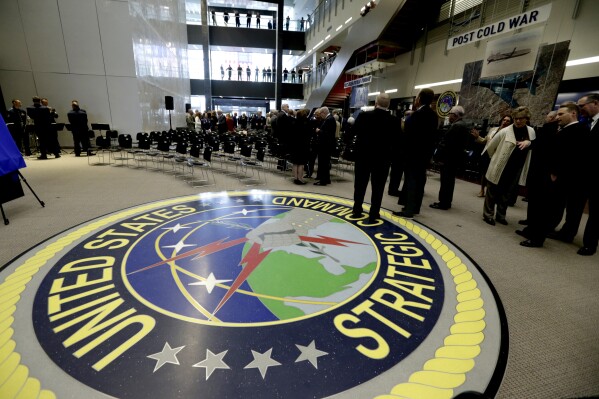 FILE - The atrium of C2F, US Strategic Command's new command and control facility at Offutt AFB in Neb., is seen before its dedication ceremony in honor of General Curtis E. LeMay Nov. 18, 2019. The Justice Department says a civilian U.S. Air Force employee has been charged in federal court in Nebraska with transmitting classified information about Russia's war with Ukraine on a foreign online dating platform. (AP Photo/Nati Harnik, File)