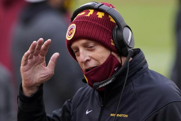 FILE - Washington Football Team defensive coordinator Jack Del Rio stands on the sideline during an NFL football game against the Seattle Seahawks, Sunday, Dec. 20, 2020, in Landover, Md. Jack Del Rio never made it to Las Vegas with the Raiders so his first game there will be as an opponent instead of head coach of the team he cheered for as a kid. That means Del Rio will be on the visiting sideline as defensive coordinator when Washington (5-6) takes on the Raiders (6-5) on Sunday, Dec. 5, 2021.  (AP Photo/Mark Tenally, File)