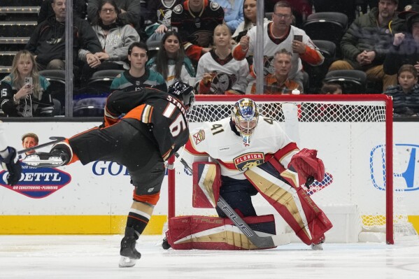 Florida Panthers goaltender Anthony Stolarz (41) stops a shot by Anaheim Ducks center Ryan Strome (16) during the second period of an NHL hockey game in Anaheim, Calif., Friday, Nov. 17, 2023. (AP Photo/Ashley Landis)