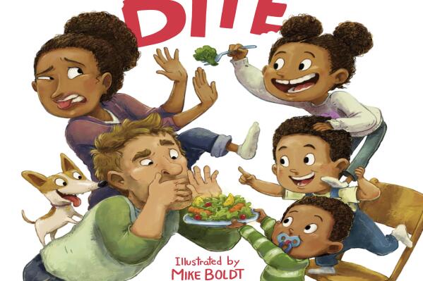 This book cover image released by Dial Books for Young Readers shows "Just Try One Bite," a children's book by Adam Mansbach and Camila Alves McConaughey, illustrated by Mike Boldt. (Dial Books for Young Readers via AP)