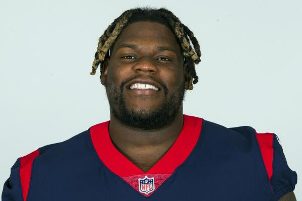 FILE - This is a 2021 photo of Vincent Taylor of the Houston Texans NFL football team. Taylor, who signed with the Atlanta Falcons in the off season, ruptured his Achilles tendon, coach Arthur Smith announced Tuesday, Aug. 2, 2022, following Tuesday’s practice. (AP Photo/File)