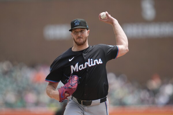 Miami Marlins pitcher Trevor Rogers throws against the Detroit Tigers in the first inning of a baseball game, Wednesday, May 15, 2024, in Detroit. (AP Photo/Paul Sancya)