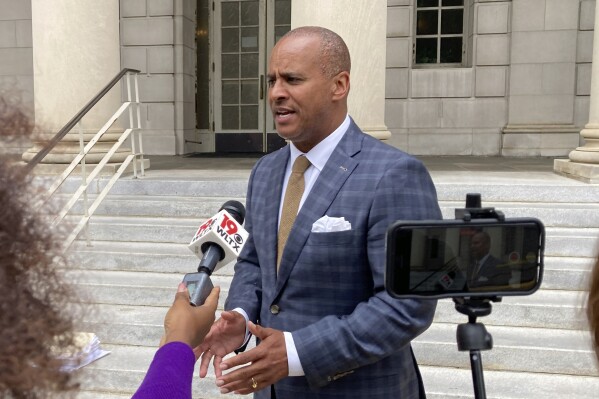 FILE - Attorney Todd Rutherford speaks to reporters outside the South Carolina Supreme Court after a hearing April 26, 2023, in Columbia, S.C. None of South Carolina's 16 elected prosecutors asked Monday, Oct. 23, that Rutherford, now the South Carolina House Minority Leader, to be removed from a commission that screens candidates to be judges in the state. (AP Photo/Jeffrey Collins, File)