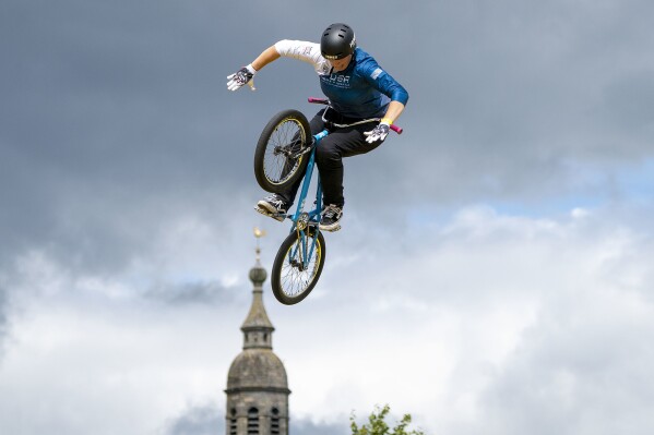 United States' Hannah Roberts competes in the women's Elite Qualification in the BMX Freestyle during day four of the 2023 UCI Cycling World Championships at the Sir Chris Hoy Velodrome, Glasgow, Sunday, Aug. 6, 2023. (Jane Barlow/PA via AP)