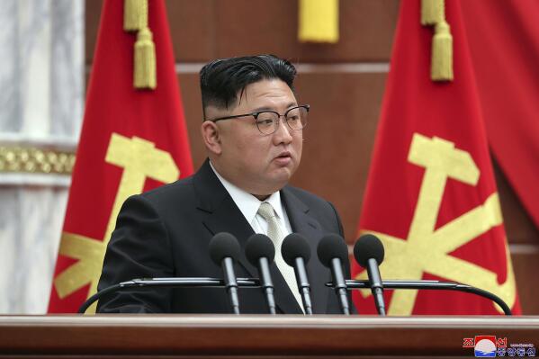 In this photo provided by the North Korean government, North Korean leader Kim Jong Un speaks during a meeting of the ruling Workers’ Party at its headquarters in Pyongyang, North Korea Sunday, Feb. 26, 2023. Independent journalists were not given access to cover the event depicted in this image distributed by the North Korean government. The content of this image is as provided and cannot be independently verified. Korean language watermark on image as provided by source reads: "KCNA" which is the abbreviation for Korean Central News Agency. (Korean Central News Agency/Korea News Service via AP)