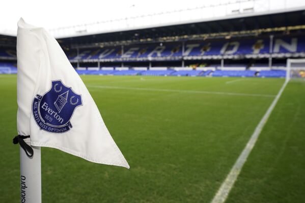 A general view of a corner flag at Goodison Park, Liverpool, England, March 11, 2023. Everton was handed the biggest sporting sanction in the Premier League's 31-year history on Friday, Nov. 17, 2023, for breaching the competition's financial rules, with the deduction of 10 points dropping the team into next-to-last place in the standings. (Nick Potts/PA via AP)