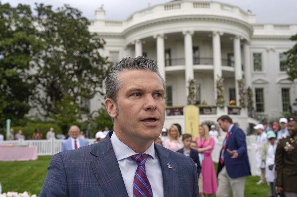 Defense Secretary Pete Hegseth speaks on the South Lawn of the White House before President Donald Trump and first lady Melania Trump participate in the White House Easter Egg Roll Monday, April 21, 2025, in Washington. (AP Photo/Alex Brandon)