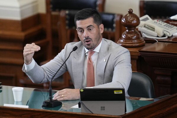Witness attorney Brandon Cammack testifies during the impeachment trial for Texas Attorney General Ken Paxton in the Senate Chamber at the Texas Capitol, Tuesday, Sept. 12, 2023, in Austin, Texas. (AP Photo/Eric Gay)