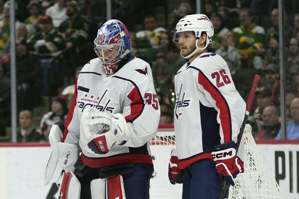 Washington Capitals goaltender Darcy Kuemper (35) and right wing Nic Dowd (26) stand in the goal during the third period of an NHL hockey game against the Minnesota Wild, Tuesday, Jan. 23, 2024, in St. Paul, Minn. (APPhoto/Abbie Parr)