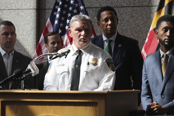 Baltimore Acting Police Commissioner Richard Worley speaks at a news conference with law enforcement and city officials about the arrest of Jason Dean Billingsley on Thursday, Sept. 28, 2023, in Baltimore. Worley said that police had been searching for Billingsley, who is charged with first-degree murder in the death of 26-year-old Pava LaPere, since last week as a suspect in a separate rape and arson. Baltimore Mayor Brandon Scott is standing far right and Baltimore State's Attorney Ivan Bates is second from right. (AP photo/Brian Witte)