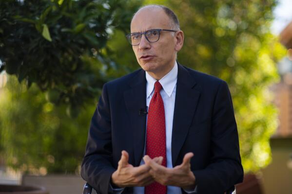 Democratic Party's leader Enrico Letta speaks during an interview with The Associated Press in Rome, Tuesday, Sep. 13, 2022. In opinion polls, former Premier Enrico Letta's Democratic Party is running neck-and-neck with the far-right Brothers of Italy party, which has neo-fascist roots and is led by Giorgia Meloni. Italians vote for a new Parliament on Sept. 25. (AP Photo/Domenico Stinellis)