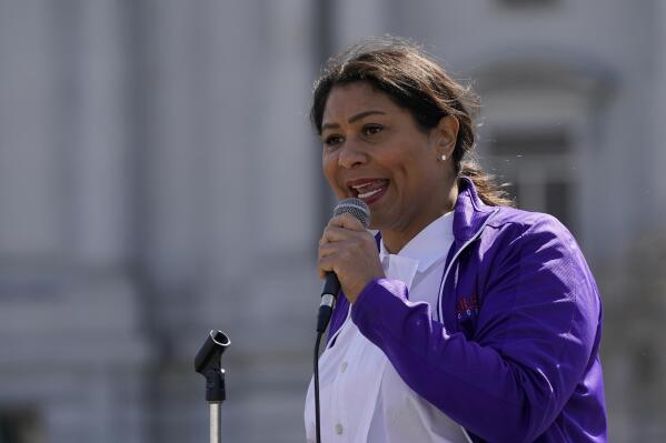FILE — In this March 13, 2021 file photo Mayor London Breed speaks at a rally in San Francisco. The San Francisco Chronicle reported that Breed, who has promoted restrictive measures aimed at curbing the coronavirus, was spotted at the Black Cat nightclub, Wednesday Sept. 15, 2021, dancing and singing without a mask, despite a strict city order to wear masks when inside. (AP Photo/Jeff Chiu, File)