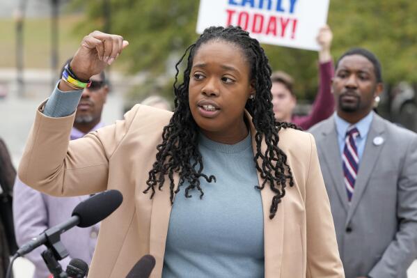 Democratic Congressional candidate Odessa Kelly speaks on Wednesday, Nov. 2, 2022, in Nashville, Tenn., after election officials confirmed more than 200 votes have been cast in the wrong races in Nashville since early voting began. (AP Photo/Mark Humphrey)