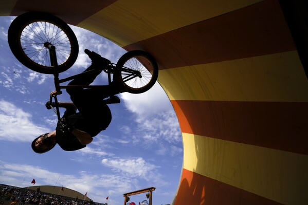Declan Brooks competes in the Men's BMX Park during X Games California, Saturday, July 22, 2023, in Ventura, Calif. (AP Photo/Ryan Sun)