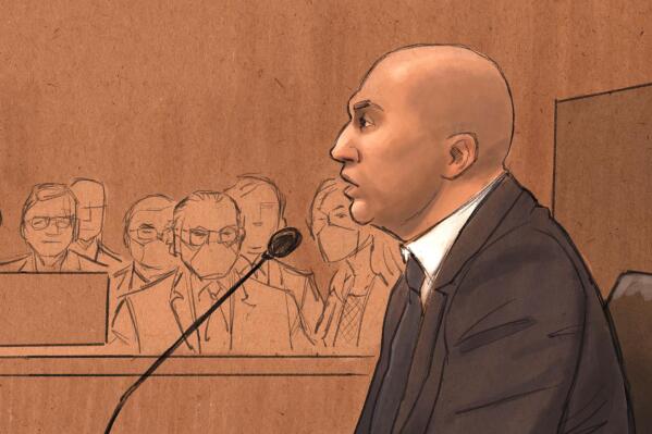 In this courtroom sketch, former Minneapolis Police Officer J. Alexander Kueng testifies during his trial in the killing of George Floyd in federal court in St. Paul, Minn., on Wednesday, Feb. 16, 2022. Kueng is one of three former officers charged in federal court with violating Floyd's constitutional rights when Officer Derek Chauvin pressed his knee into Floyd's neck for 9 1/2 minutes as the 46-year-old man was handcuffed, facedown on the street. (Cedric Hohnstadt via AP)