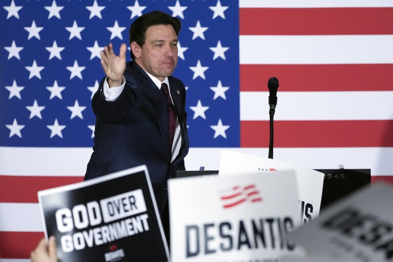 Republican presidential candidate Florida Gov. Ron DeSantis speaks to supporters in the future of a caucus night occasion, Monday, Jan. 15, 2024, in West Des Moines, Iowa. (AP Photo/Charlie Neibergall)