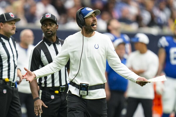 Indianapolis Colts head coach Shane Steichen gestures in the second half of an NFL football game against the Houston Texans n Houston, Sunday, Sept. 17, 2023. (AP Photo/Eric Christian Smith)