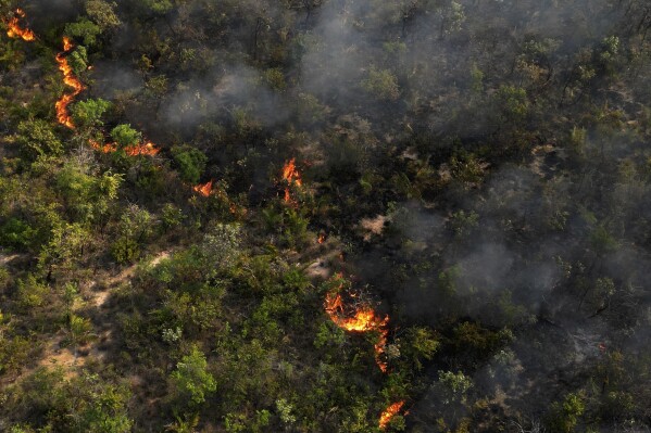 Una extensa zona del bosque Serra das Bandeiras (Sierra de las Banderas) arde en Barreiras, en el estado de Bahía, Brasil, el jueves 21 de septiembre de 2023. (AP Foto/Eraldo Peres)