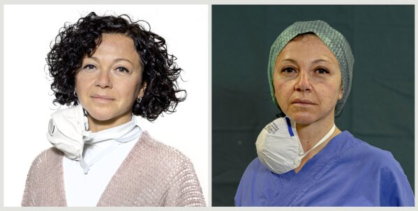 Nurse Michela Pagati poses for a portrait at her hospital Spedali Civili di Brescia in Brescia, northern Italy, on Friday, March 27, 2020, in the file photo at right, and on Wednesday, Dec. 2, 2020. "I will never forget the voice of the patients that I have been able to disconnect from the ventilators who, as their conditions improved, could call their families for the first time". Asked about the portraits taken in March Pagati says: "They have given to me an anonymous notoriety that I love". (AP Photo/Luca Bruno)