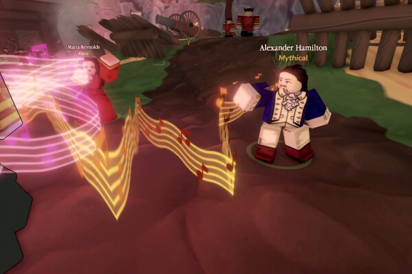 This screengrab provided by Super League shows an Alexander Hamilton game avatar from the "Hamilton" simulator for Roblox. (Super League via AP)