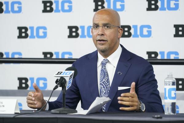 Penn State head coach James Franklin talks to reporters during an NCAA college football news conference at the Big Ten Conference media days, at Lucas Oil Stadium, Wednesday, July 27, 2022, in Indianapolis. (AP Photo/Darron Cummings)