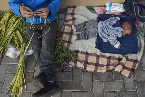 A man braids a palm to sell as his son sleeps during a Palm Sunday Mass at the sanctuary in Luque, Paraguay, Sunday, April 13, 2025. (AP Photo/Jorge Saenz)