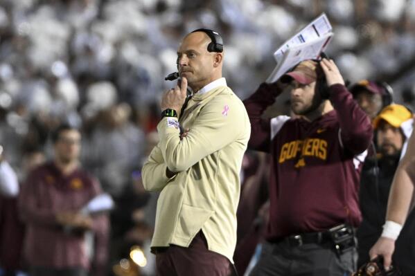 Minnesota coach P.J. Fleck watches during the second half of the team's NCAA college football game against Penn State, Saturday, Oct. 22, 2022, in State College, Pa. Penn State won 45-17. (AP Photo/Barry Reeger)