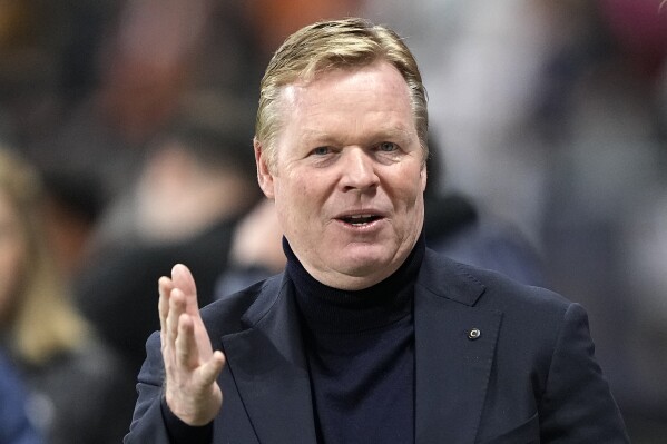 FILE -Netherland's head coach Ronald Koeman watches the camera prior the international friendly soccer match between Germany and Netherlands in Frankfurt, Germany, Tuesday, March 26, 2024. Few aficionados in European soccer obsess about numbers the way the Dutch do. (AP Photo/Martin Meissner, File)