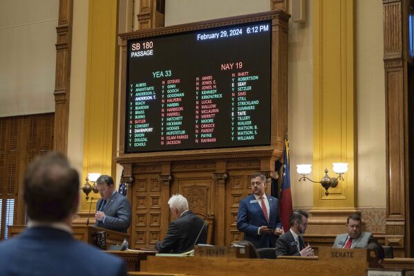The Georgia Senate passes SB 180, The Georgia Religious Freedom Restoration Act, 33-19 during Crossover Day on Thursday, Feb. 29, 2024 in Atlanta. (Matthew Pearson/WABE via AP)