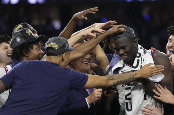 Connecticut forward Adama Sanogo celebrates after their win against San Diego State in the men's national championship college basketball game in the NCAA Tournament on Monday, April 3, 2023, in Houston. (AP Photo/David J. Phillip)