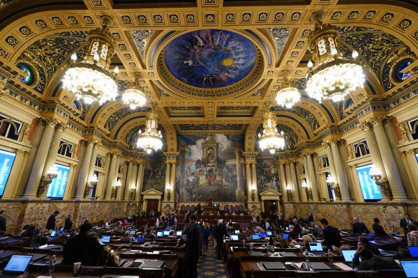 FILE - Members of the Pennsylvania House of Representatives attend a session at the state Capitol in Harrisburg, Pa., June 29, 2023. Pennsylvania's April 23, 2024, primary election will select candidates for the Legislature, statewide “row offices” and 17 Congressional seats. (AP Photo/Matt Rourke, file)