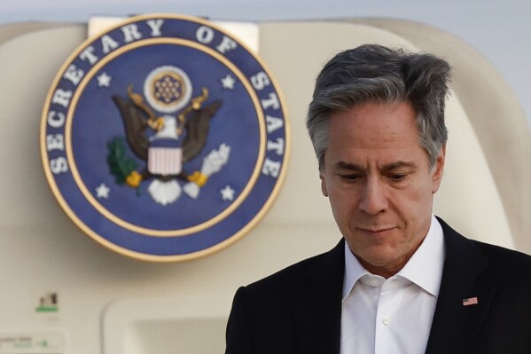 U.S. Secretary of State Antony Blinken arrives on the island of Crete, Greece, Saturday, Jan. 6, 2024 during his week-long trip aimed at calming tensions across the Middle East. (Evelyn Hockstein/Pool Photo via AP)