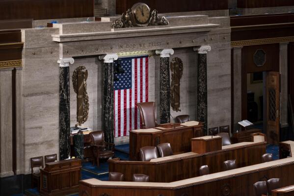 The speaker's dais in the House of Representatives is seen at the Capitol in Washington, Monday, Feb. 28, 2022, where President Joe Biden will deliver his State of the Union speech Tuesday night to a joint session of Congress and the nation. (AP Photo/J. Scott Applewhite)