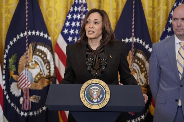 Vice President Kamala Harris speaks to the National Governors Association as Utah Gov. Spencer Cox looks on during an event in the East Room of the White House, Friday, Feb. 23, 2024, in Washington. (AP Photo/Evan Vucci)