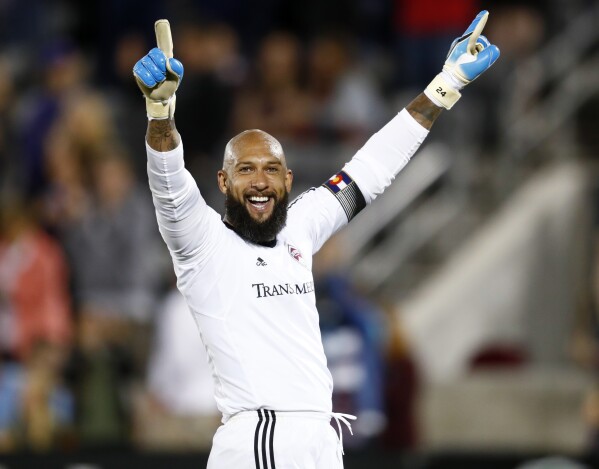FILE -Colorado Rapids goalkeeper Tim Howard celebrates as time runs out in the team's MLS soccer match against the Portland Timbers on Saturday, June 17, 2017, in Commerce City, Colo. The Rapids won 2-1. Tim Howard will join Tony Meola, Kasey Keller and Brad Friedel on Saturday, May 4, 2024, as modern-era American goalkeepers in the U.S. National Soccer Hall of Fame. (AP Photo/David Zalubowski, File)