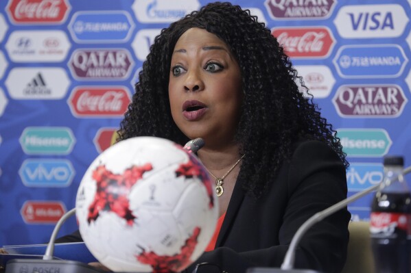 FILE - FIFA secretary general Fatma Samoura talks to the media during a news conference at the St. Petersburg Stadium, Russia, on June 16, 2017. Samoura is leaving after seven years as the highest profile woman working in world soccer, the governing body said Wednesday June 14, 2023. (AP Photo/Dmitri Lovetsky, File)