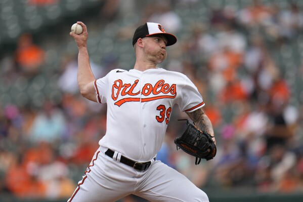 Baltimore Orioles starting pitcher Kyle Bradish throws to the New York Mets during the fifth inning of a baseball game, Sunday, Aug. 6, 2023, in Baltimore. (AP Photo/Julio Cortez)