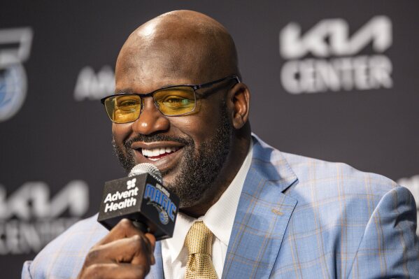 Shaquille O'Neal speaks during a press conference on Feb. 13, 2024, in Orlando, Fla. (AP Photo/Kevin Kolczynski, File)