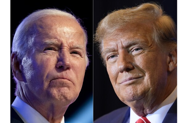 FILE - This combo image shows President Joe Biden, left, Jan. 5, 2024, and Republican presidential candidate former President Donald Trump, right, Jan. 19, 2024. Biden and Trump have officially secured the requisite numbers of delegates to be considered their parties’ presumptive nominees. The designation allows the candidates to coordinate directly with the national Democratic and Republican parties, although they aren't considered official nominees until the summer conventions. (AP Photo, File)